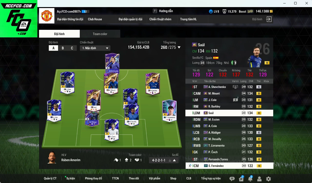 Chelsea 154.150b có Sheva CU+6, Rudiger CU+6, Desailly LN, Torres LN, Mount HG, Saúl HG, Essien LN, Enzo SPL+9...